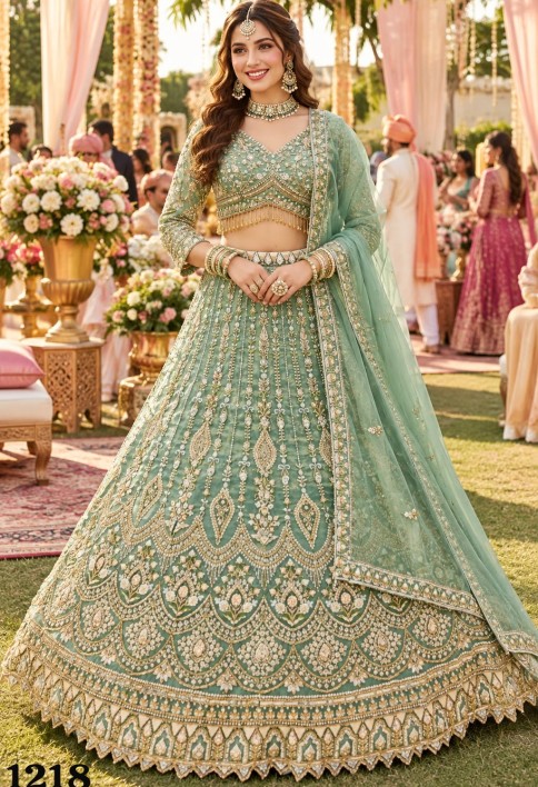 Green Fancy Fabric Beads, Embroidered and Zari Work Readymade Lehenga Choli